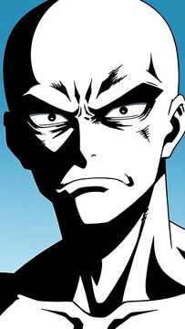 Close up of a stern intense comic book character with a bald head and sharp facial features under a blue background with intense expression with depicts serious comic