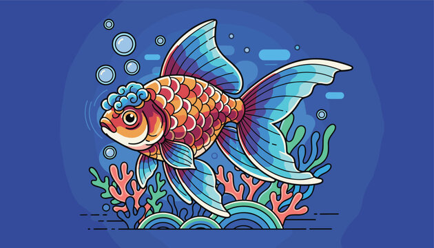 Vibrant and detailed illustration of a fancy goldfish swimming among coral reefs in deep blue tropical waters.
