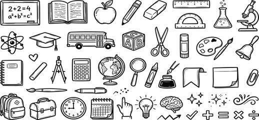 Back to school chalk doodles on blackboard with hand drawn education icons, books, science symbols, stationery and cute classroom elements in charcoal crayon vector style © ayoub