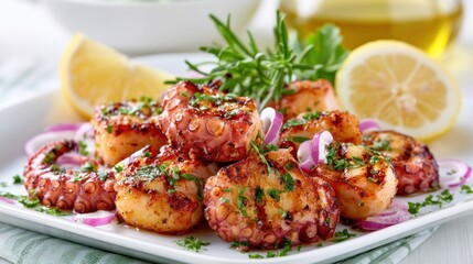 Fototapeta premium Grilled Octopus Delight: A delectable platter of grilled octopus tentacles, seasoned to perfection and garnished with fresh herbs, red onion, lemon slices, and a drizzle of olive oil.