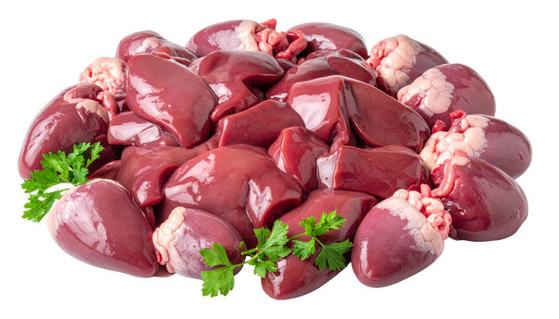 Fresh chicken livers, raw poultry giblets for cooking, nutrient-rich offal isolated on solid white background1
