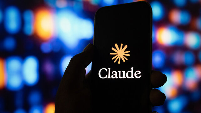 A close up shot of human hand holding smartphone with claude ai logo on black screen.
