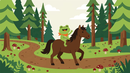 Naklejka premium Frog rides a horse through a lush green forest path surrounded by tall pine trees and mushrooms.