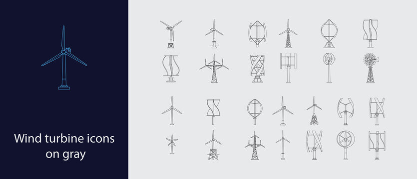 Wind Turbine Icons on Gray - CAD Renewable Energy Symbol Set
