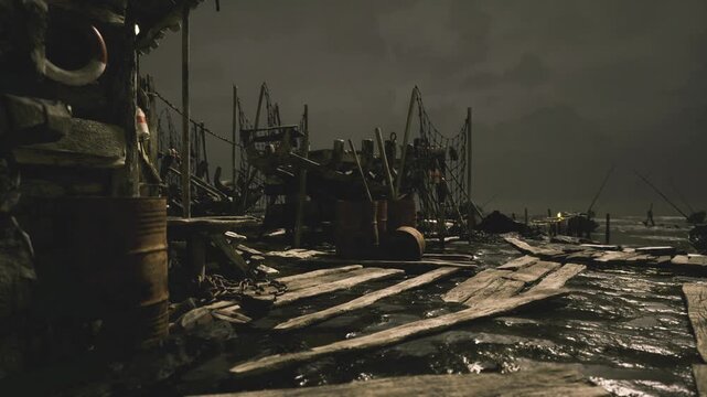 Dusk fishing pier with scattered barrels and broken crates, fog drifting from sea, weathered ropes and fractured walkways, quiet shoreline silhouette