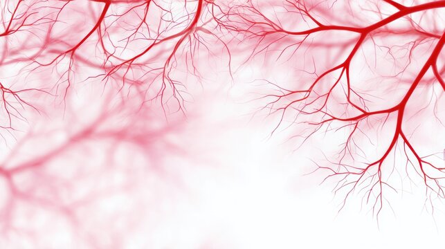 Red Blood Vessels Abstract: An abstract representation of red blood vessels, resembling tree branches, creates a delicate and intricate pattern against a clean, soft background.
