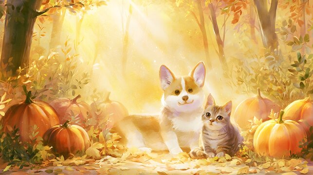 Autumnal Companions Corgi Cat Watercolor Illustration Cozy Forest Scene Golden Sunlight Joyful Seasonal Stock Photo