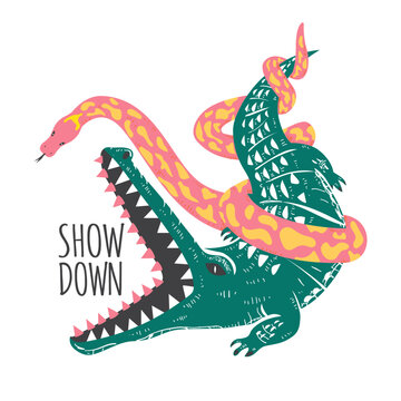 Alligator Versus Snake T-Shirt Design Illustration