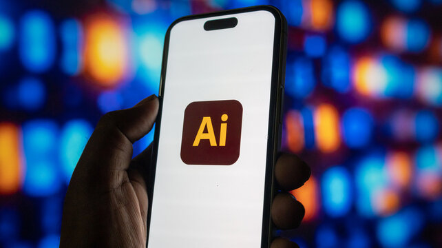Hand holding smartphone with Adobe Illustrator mobile app icon visible on screen abstract background.