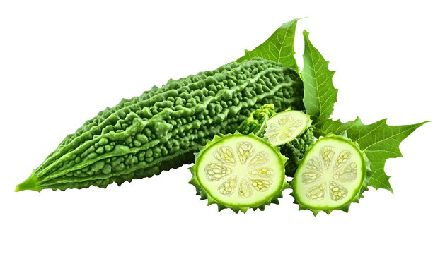 Single bitter melon with leaves and slices on transparent background.