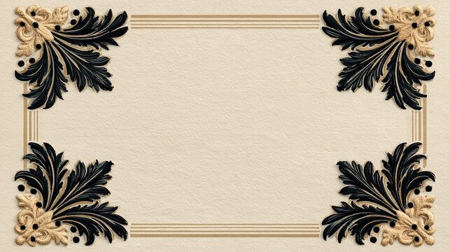 Classic ornate decorative rectangular frame on matte off-white backdrop, thin parallel beige border lines, symmetrical vintage corner ornaments with black fan foliage, beige floral motifs and miniatur