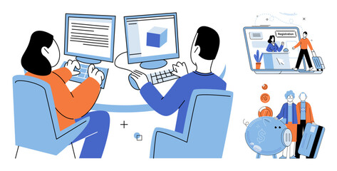 Naklejka premium People working on computers and managing finances vector illustration. Business, technology, banking, investment, productivity, digital workflow. Employees using workstations and saving money
