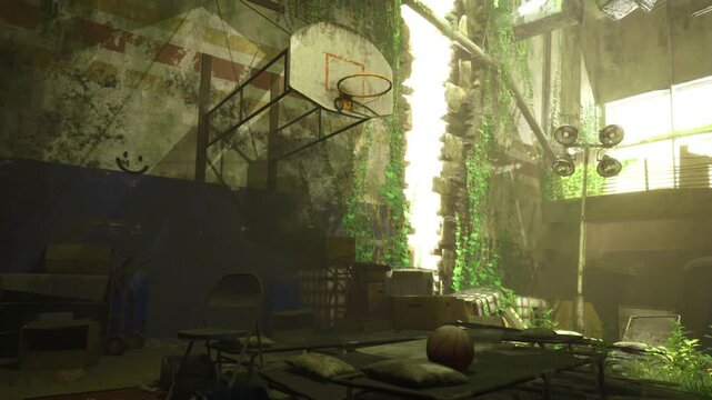 Basketball hoop framed by overgrown ivy and dappled golden light, empty court bathed in warm dusk tones rim and backboard partially obscured by greenery,