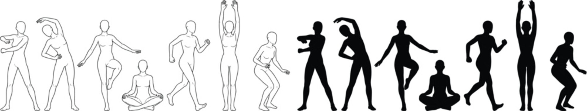 Body pose reference set featuring line art and silhouette mannequin figures for drawing guides
