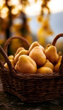 Autumn harvest abundance golden pears overflowing a rustic basket bathed in warm morning light serene still life