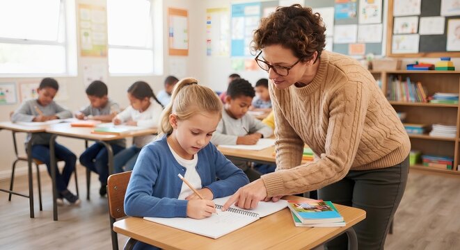 Female teacher helping elementary school girl with classwork in classroom - Primary education concept - Horizontal banner