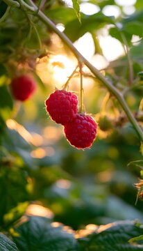 Golden summer raspberries ripen on a vine bathed in warm sunlight bokeh background