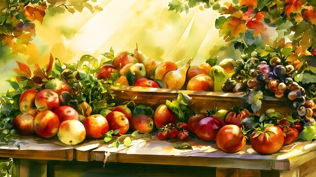 Autumn Harvest Still Life Overflowing With Ripe Fruits and Lush Greenery Sunlight Warmth