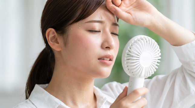 ハンディファンで暑さをしのぐ屋外の女性　夏日・真夏日・猛暑日・酷暑日