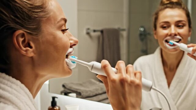 A smiling young woman focuses on her daily health routine while she uses an electric device to brush her teeth in front of the vanity mirror inside a cozy bathroom setting during the morning