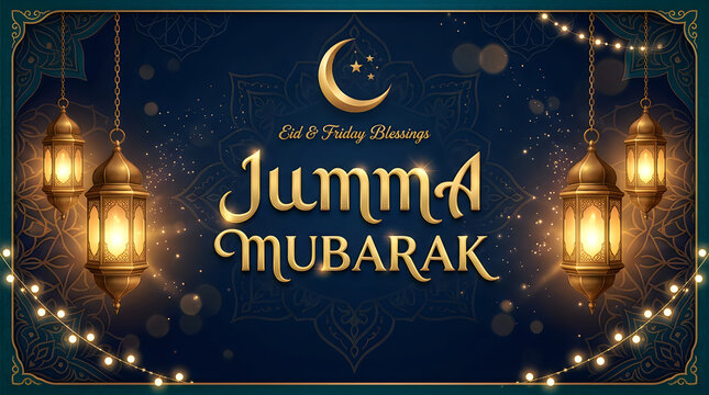 Jumma mubarak and eid blessings greeting card with golden crescent moon and glowing lanterns on dark blue mandana background with shimmering light particles and starry sky.
