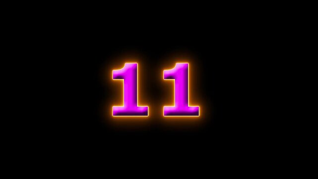 Vibrant Yellow and Pink Light Effect and Glowing Number 11 Neon 4k Animation on Black Background. Luminous Digital Numeral, Numeral Symbol a Futuristic Countdown Sequence, Bright Typography animation 