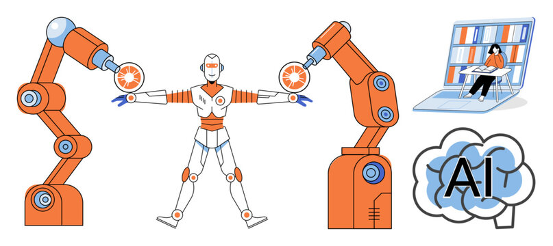 Robotic arms assembling a humanoid robot, student studying on laptop, and brain icon vector illustration. Automation, machine learning, education, innovation, research, digital future. Mechanical