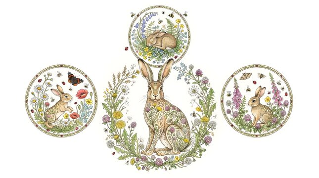 Vintage Botanical Hare Illustration with Meadow Flower Medallions