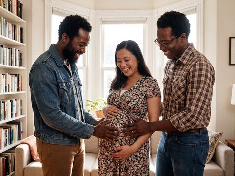 Same-sex African American couple happily places their hands on the belly of pregnant surrogate mother. Reproductive  medicine, diverse family, LGBT parenthood concept. Lifestyle shot for poster