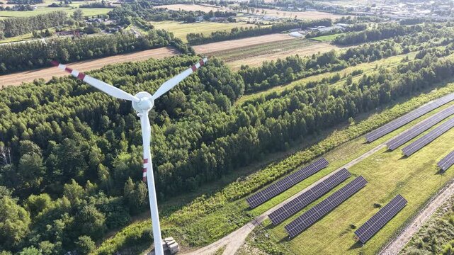 Sustainable energy source solar and wind in rural sky