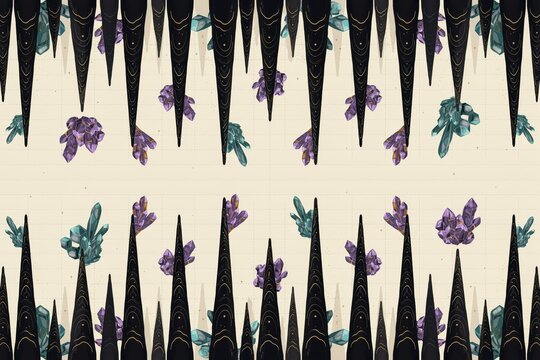 Decorative border pattern with sharp black triangular spikes and clusters of purple and teal crystals on a light beige textured background