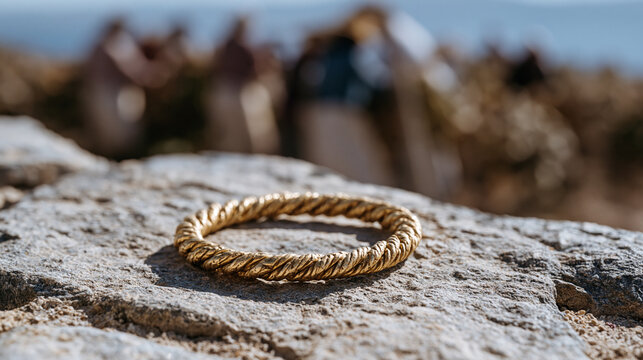 A single antique gold bangle resting on a stone vineyard wall during harvest season, crowded workers blurred mid harvest in background, the minimal jewelry piece a timeless detail