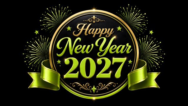 Happy new year 2027 gold emblem with green fireworks and ribbon on black.