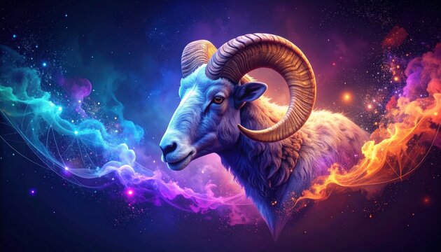 Majestic Aries Ram with Spiraled Horns in a Cosmic Nebula Background; Vibrant Glowing Stars and Swirling Blue Purple Orange Energy.