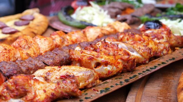 Turkish mixed grill platter featuring chicken wings and adana kebab on ornate copper serving plate
