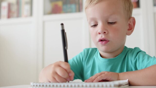  Child focused on practicing handwriting in school. Small child scribbling with a pen in a book. Focused little boy writing in notebook in school.  Boy learning to write in kindergarten.