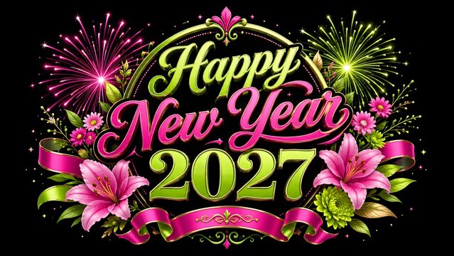 Happy new year 2027 colorful emblem with flowers and fireworks on black.
