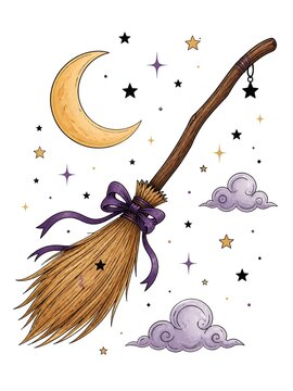 A whimsical magic witch's broom decorated with a purple ribbon, soaring through a starry night sky alongside a golden crescent moon and pastel clouds, isolated on a white background for enchanting fan