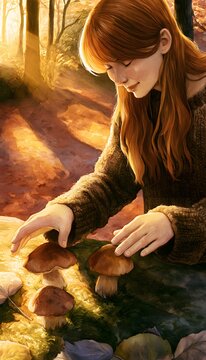 Autumn Forest Serenity Woman Touches Mushrooms Golden Light Gentle Moment Stock Illustration
