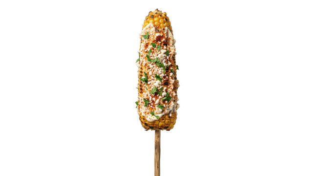 Mexican street corn elote on a stick topped with cheese and chili, festival