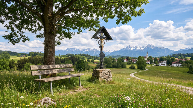 Scenic view of the Bavarian Alps featuring a traditional wayside crucifix, wooden bench, and distant village in summer.