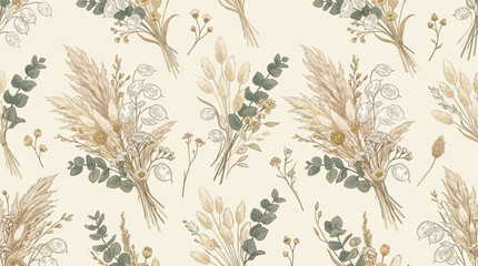 Seamless pattern with dried floral bouquets, pampas grass, and eucalyptus on a light background. © Creativestudio