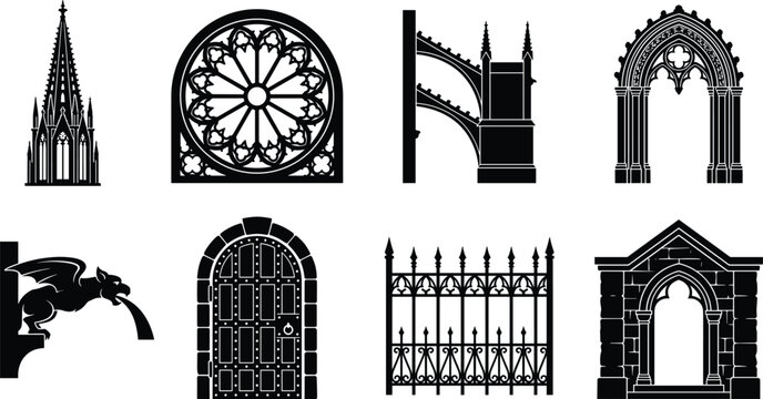 Gothic Architecture Elements Vector Silhouettes Set with Spire Rose Window Arch and Gargoyle