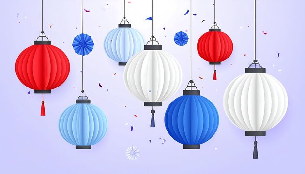 Set of hanging paper lanterns in red white and blue colors for celebration.