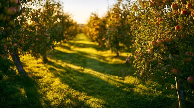 Golden dawn illuminates a bountiful apple orchard promising abundance and serenity across the tranquil landscape