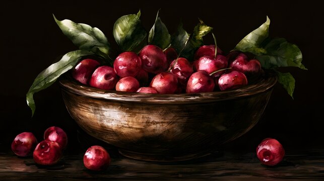 Ripe cherries spill from a rustic bowl in warm inviting still life photography showcasing summer abundance
