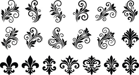 Vintage Black Fleur de Lis Ornament Set with Elegant Baroque Swirls and Calligraphic Scrollwork Accents for Classic Emblem Layout Designs © Jubaraj