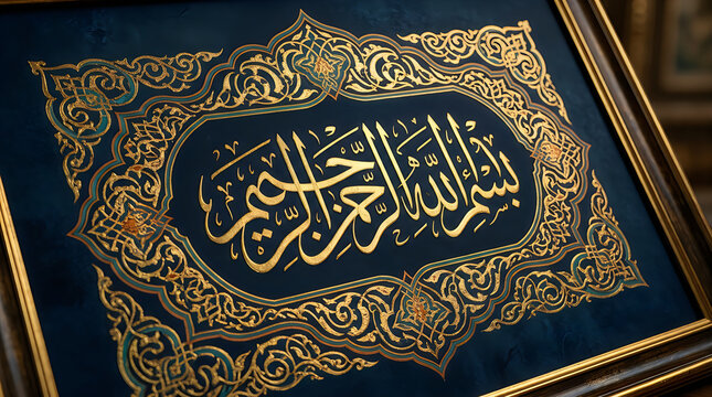 Ornate gold arabic calligraphy frame on deep blue luxury velvet background featuring detailed islamic borders for high quality greeting cards and festive occasion prints.