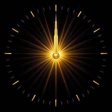 Golden clock face showing twelve oclock with radiating golden light burst.