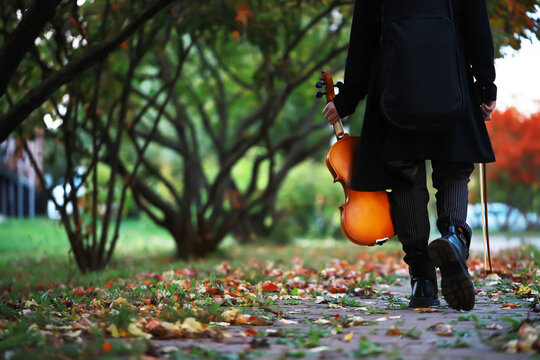 Musician Strolling through Autumn Park with a Viola: A Tranquil Journey in Nature